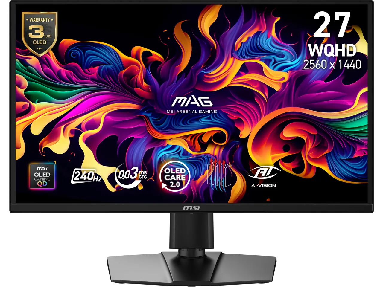 MSI 27 inch QHD 2K 1440P 240Hz AMD FreeSync Premium Pro & G-Sync Compatible 0.03ms OLED Gaming Computer Monitor with Height Adjustable, Pivot, Swivel & Tilt stand MAG 272QP QD-OLED X24