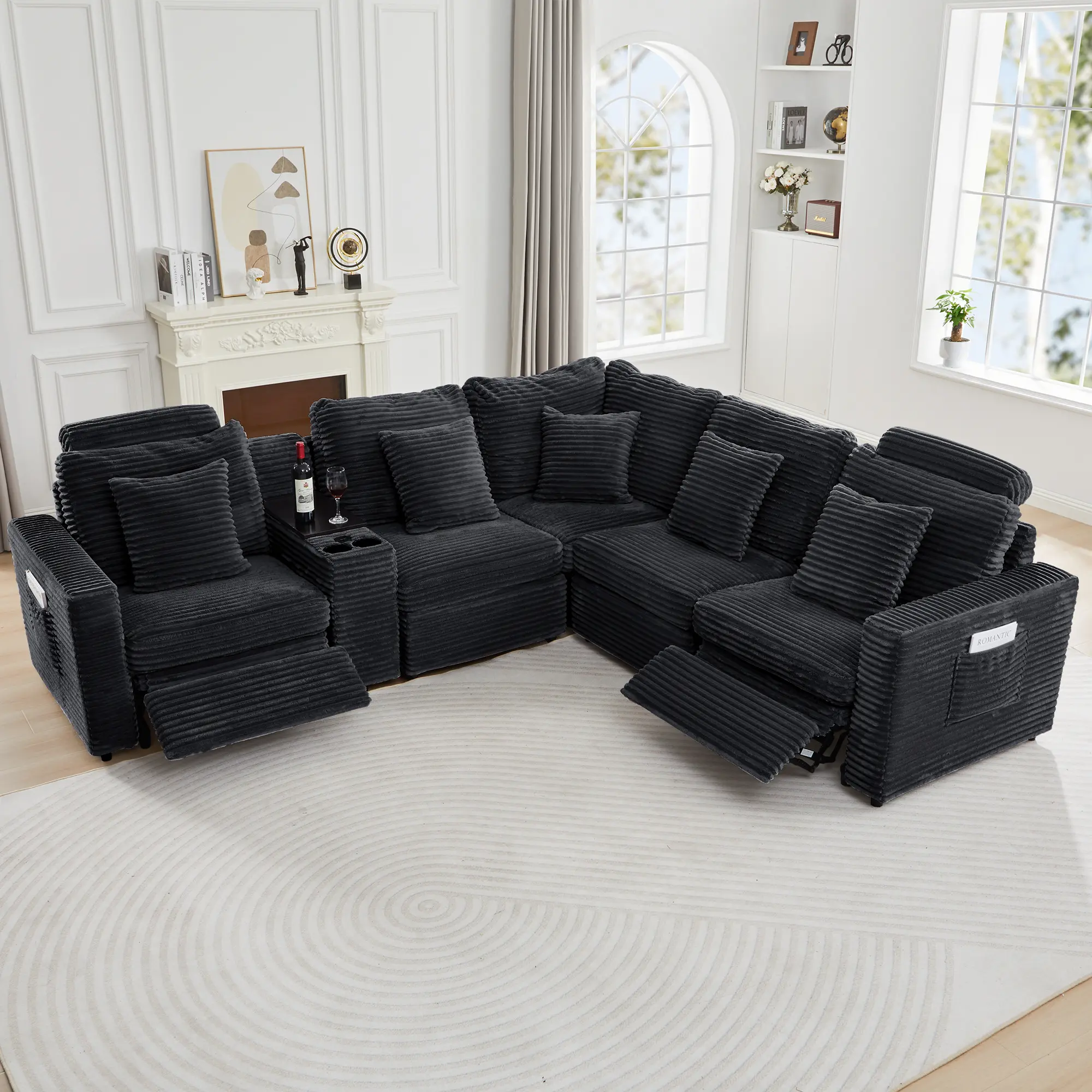 Giratree Furniture Oversized Modular Sectional Couch - 5-Seater with 2 Remote Control Power Recliners, Storage Console, Adjustable Headrests, Plush Corduroy Fabric (Shipped in 6 Packages) - Comfy Couches for Living Room, Hidden Compartment, Assembly Requi