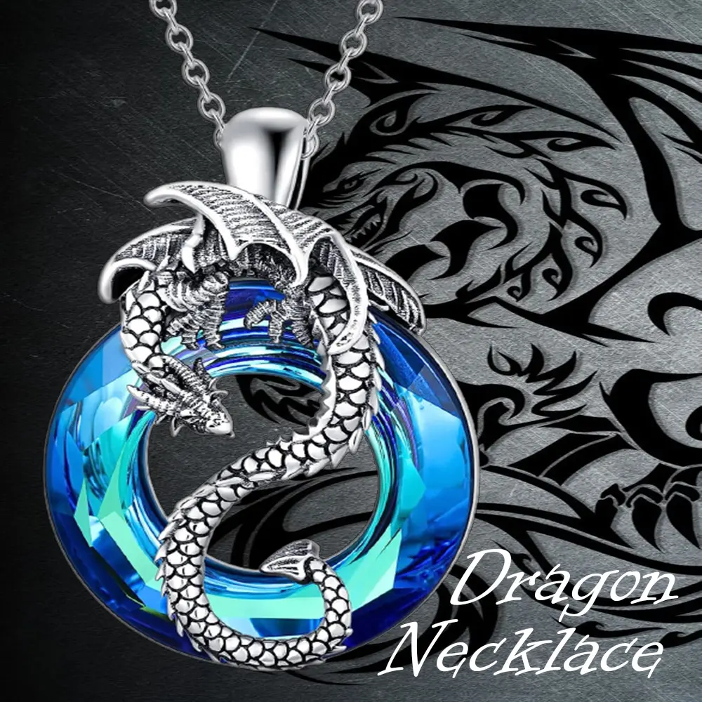 Mythical Dragon Pendant Necklace, Alloy Blue Charm Jewelry with Sapphire-Toned Disc, Blue Zircon and Sparkling Cubic Zirconia Accents, Animal Shape Necklaces, Blue Charm Necklaces