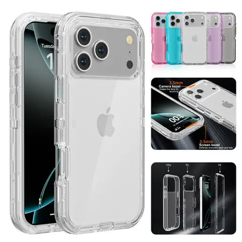 3-Layer Shockproof Case for iPhone 17 Pro Max 17 Air 16 15 14 13 12 Pro Max, Clear Transparent Heavy Duty Phone Case, Military Grade Drop Protective Cover