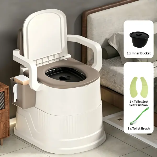 PP Plastic Portable Commode Toilet, Space-Saving Bathroom Gadget with Armrests, Lid, Built-In Tissue Holder, Detachable Inner Bucket, Easy-Clean for Travel & Camping