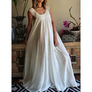 Plus Size Boho Dress, Women's Plus Contrast Lace Round Neck Slight Stretch Loose Fit Dress