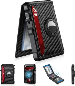 Men's Minimalist Bifold Wallet with AirTag Compartment & RFID Blocking - Pop-Up Quick Access Card Holder, Holds 12 Cards + Cash, Carbon Fiber - Perfect Gift (AirTag Not Included)