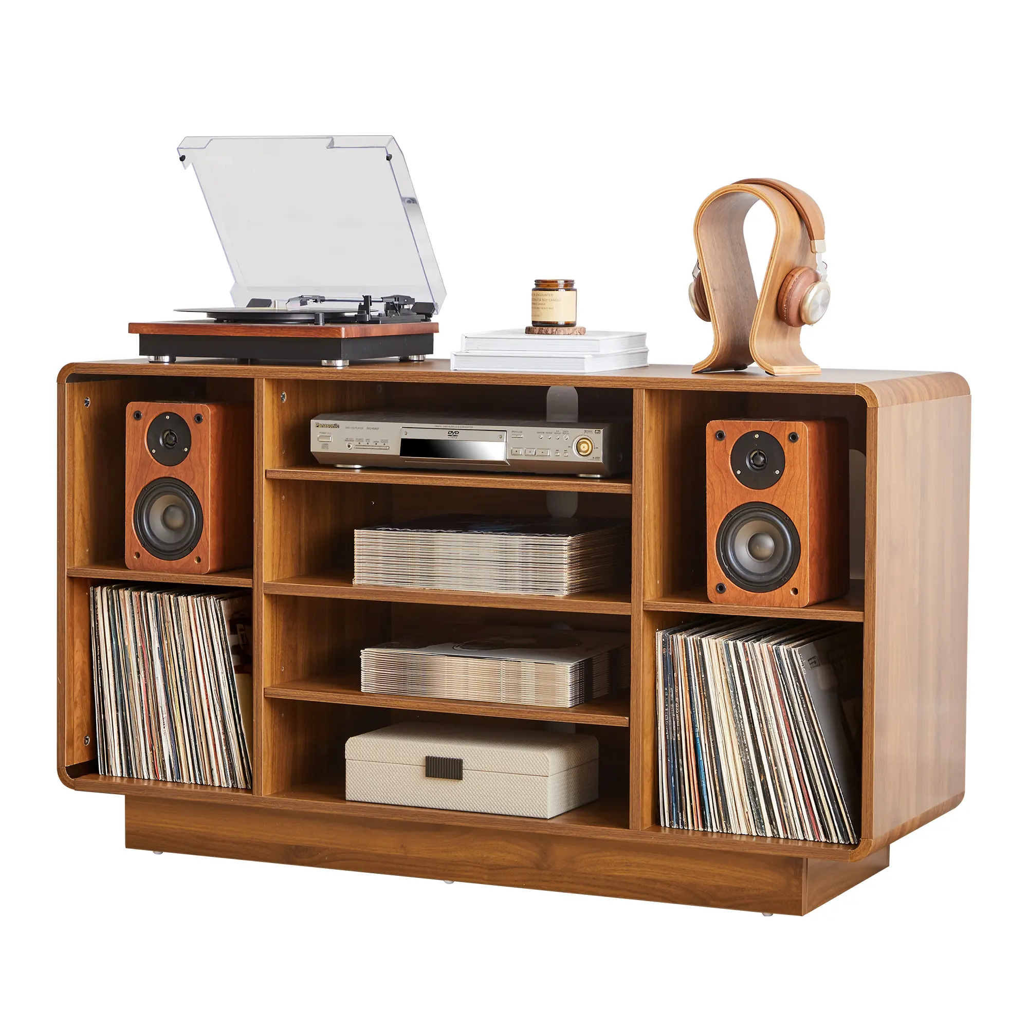 Giratree 47" Media Storage Cabinet, 5-Tier Audio Rack Stereo Cabinet, Large Record Player Stand with Vinyl Storage, Adjustable Shelves&Cable Management, Curved Vinyl Record Cabinet for Living Room