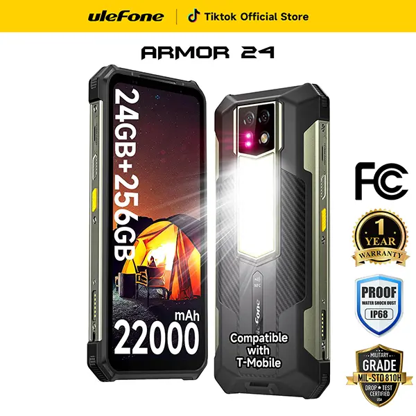 Unlocked Armor 24 Rugged Phone, 24GB+256GB ,Android 13,1000LM IP68/69K camp light, 22000mAh Big Battery (66W), MTK Helio G96 , 64MP+64MP night vision camera,1000LM LED Light, 6.78 inch FHD+ Corning display