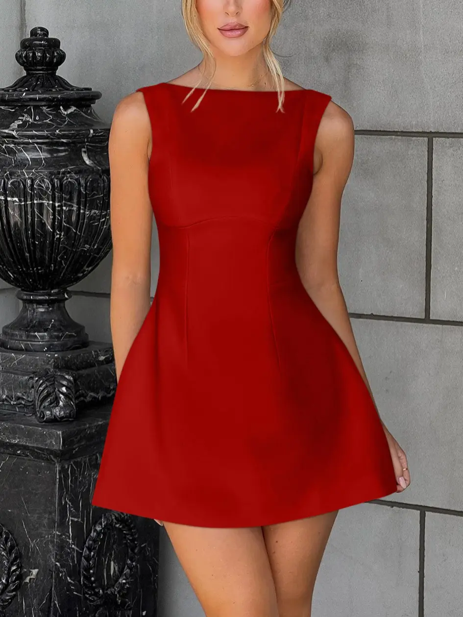 OYV Women's Sleeveless Fit and Flare Mini Dress Slim Fit A-Line Skater Dress Elegant Solid Cocktail Party Dresses