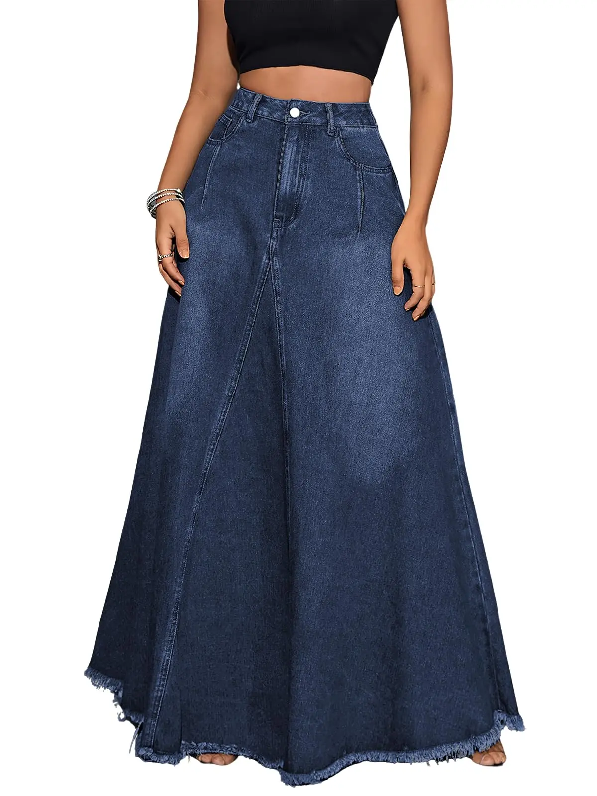 Ebossy Retro High Waist Denim Maxi Skirt | Frayed Hem, Pockets & Tassels | Cute A-Line for Daily & Party Looks,clothes for back to school,first day of school outfits