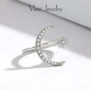Sterling Silver Star&Moon Adjustable Open Ring, with Synthetic AAA+ Cubic Zircon Jewelry, Exquisite and Elegant for Women, Gift Giving Girls and Friends, with Gift Box, Perfect for Daily Wear and Suit, Birthday Party