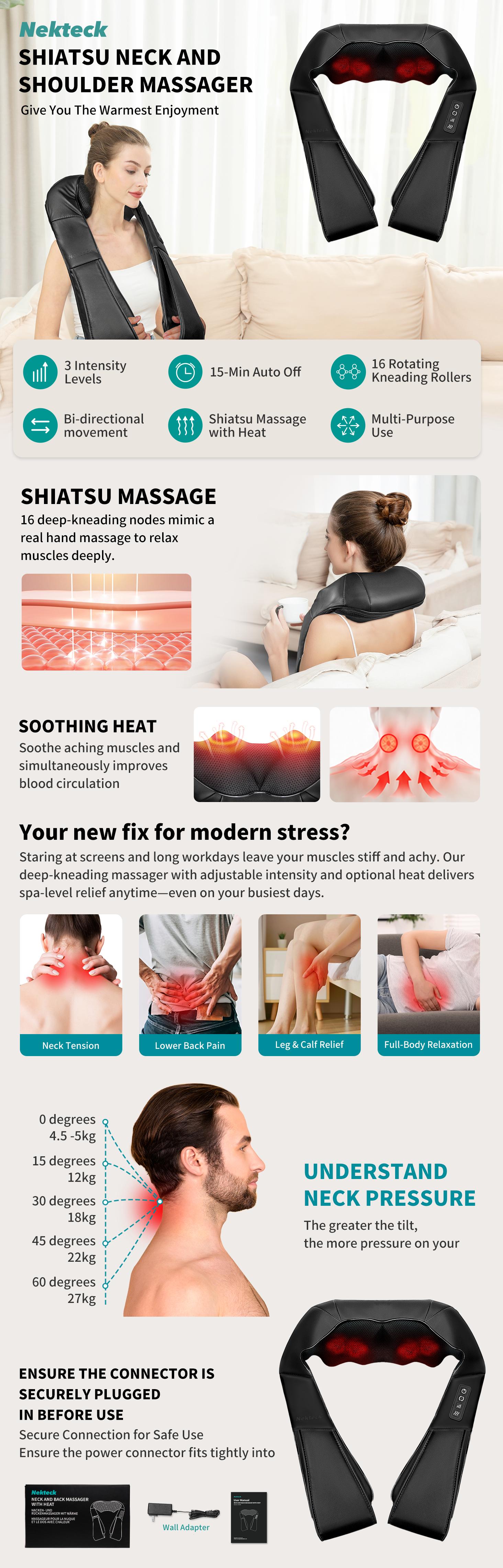Shiatsu Neck and Back Massager with Soothing Heat, Ergonomic 8 Deep-Kneading Massage Nodes with Heat Electric Shiatsu Back Massager for Neck Shoulder & Body Muscle Relief Portable 12V DC Power Supply - Black