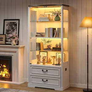 67" Tall Display Cabinet with Glass Doors and 2 Drawers, Adjustable Glass Height Bookcase, Curio Cabinet with 3 LED Lights and Human Body Sensor (White)