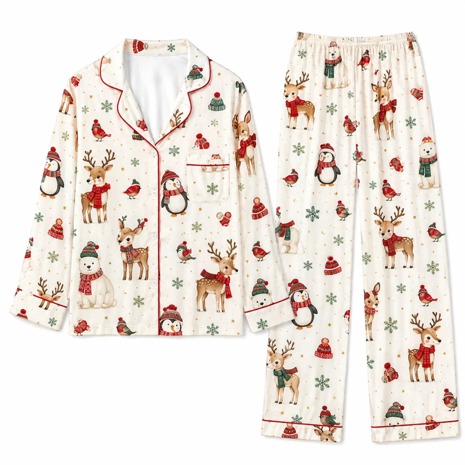 Christmas Animal Print Long Sleeve Button Front Pajama Set with Elastic Waist Pants, Soft Cozy Autumn Winter Sleepwear for Women