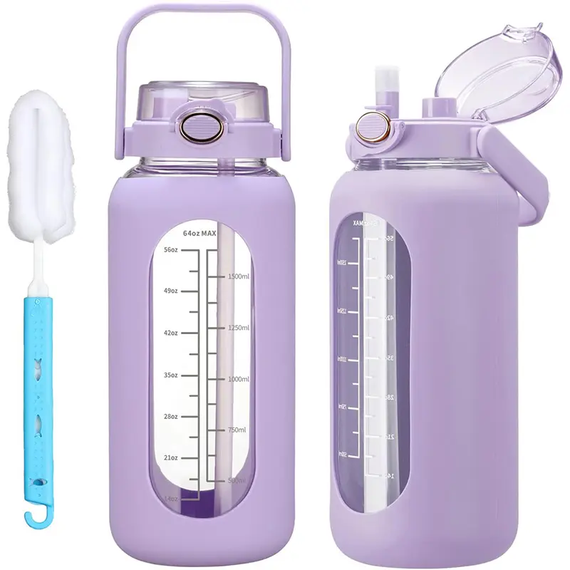 【WINSA】 64oz Glass Water Bolttles with Straw Half Gallon Large Motivational Water Bottle with Time Marker Sports Water Bottles with Silicone Sleeve and Handle Lid Water Jug for Gym Workout Leakproof Bpa Free Bottled Drinkware Cup