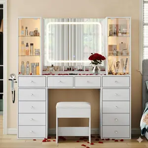 FUSOU 12 Drawers Makeup Vanity with Charging Station【Shipping By 2 Packages】Vanity Desk with LED Mirror & 2 Glass Cabinet, 3 Color Modes, Brightness Adjustable, Glass Top, Dressing Table with Chair for Bedroom (12 Drawers)