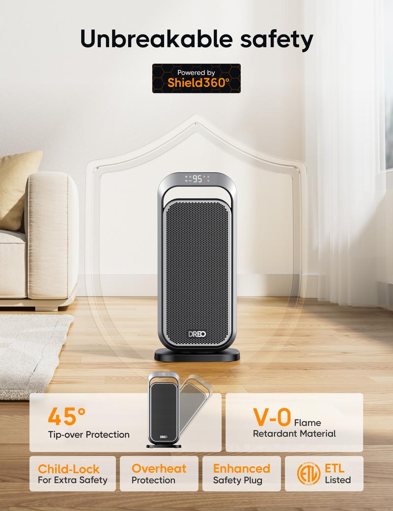 Dreo Space Heaters for Indoor, Portable Electric Heater for Home with Thermostat, 1-12H Timer, Eco Mode and Fan Mode, 1500W PTC Ceramic Fast Safety Energy Efficient Heater for Office Bedroom, Silver