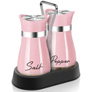 Salt and Pepper Shakers Set Stainless Steel Containers with Glass Bottle for Table RV Camp BBQ Set of 2 Pink Design