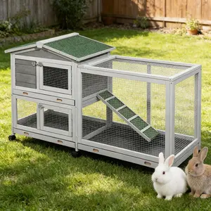 2 Story Rabbit Hutch Outdoor, 62'' Bunny Cage Indoor with Cleaning Tray & Waterproof Roof for Small and Medium Bunny Rabbit Duck Chick Guinea Pig, 6 Wheels, Easy to Assemble