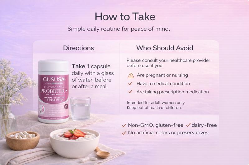 GUSUSA Women's Probiotic Capsules - 16 Strains 500 Billion CFU, Natural Moisturizing Relief for Dryness, pH Balance, Supports Gut & Immune Function - Restores Balance from the Inside Out, Sugar-Free Vegan Organic Prebiotic Formula