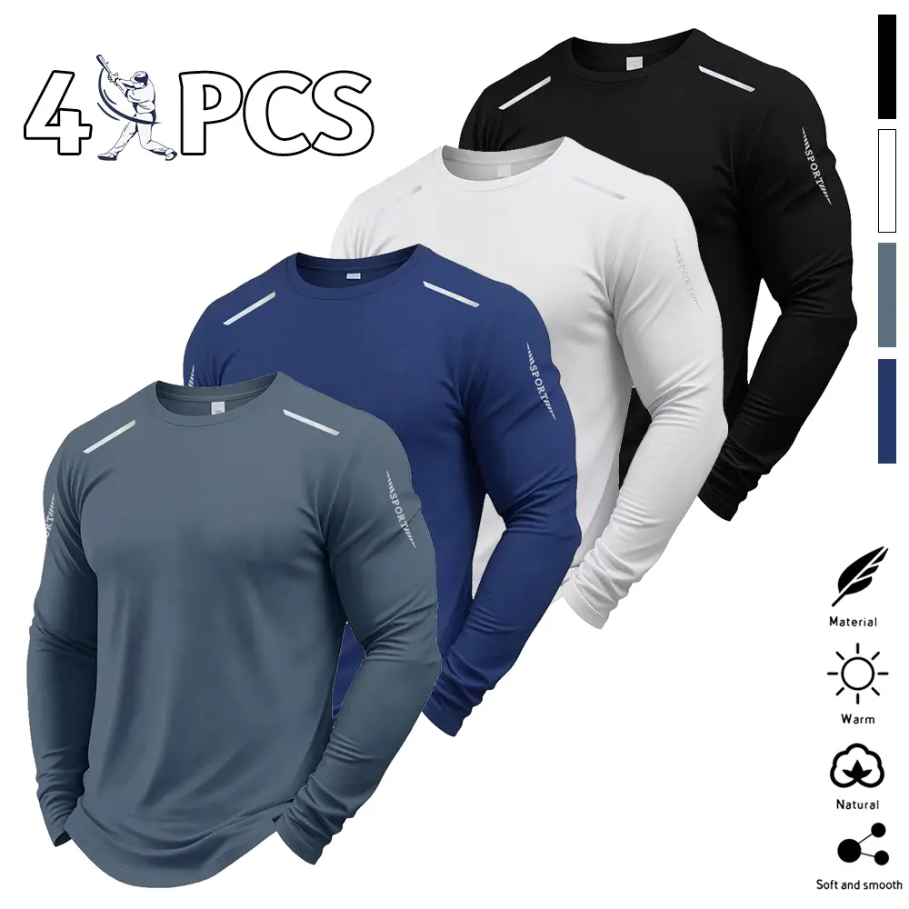 Men’s long-sleeve T-shirt set, 4 pieces, multicolor options, printed styles, suitable for everyday home wear, outdoor workouts, high-intensity training, running, and ball games; men’s sports casual tops made from knit fabric, pullover design.