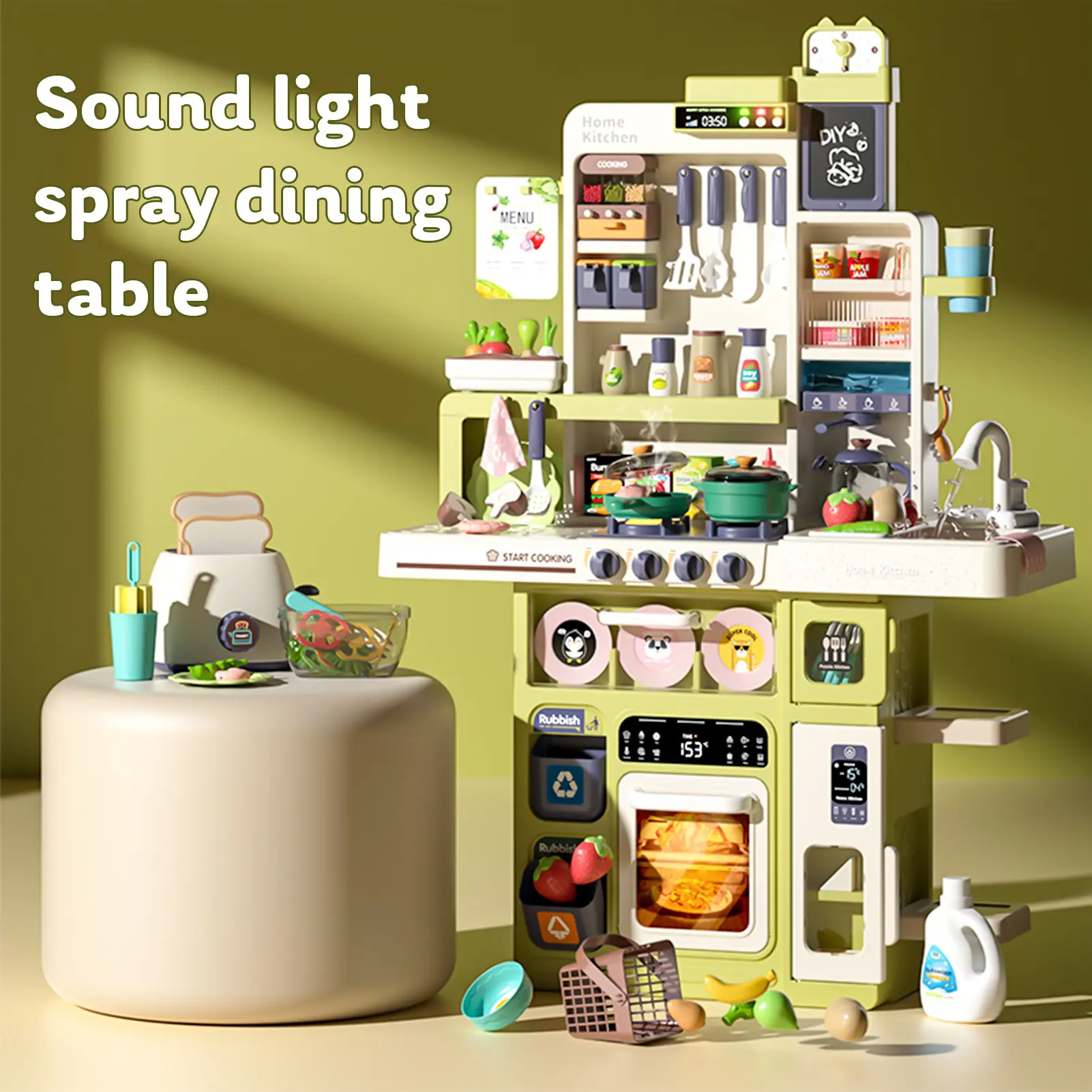 Green Plastic Kids Kitchen Playset - 101Pcs Toddlers' Pretend Play Kit with Interactive Sounds Stove, Realistic Sink, Light & Music Faucet, Play Food, 3 x 1.5V AA, Birthday Learning Gift (Toys & Hobbies, Electric Remote Control Toys, Electronic Pets), Mul