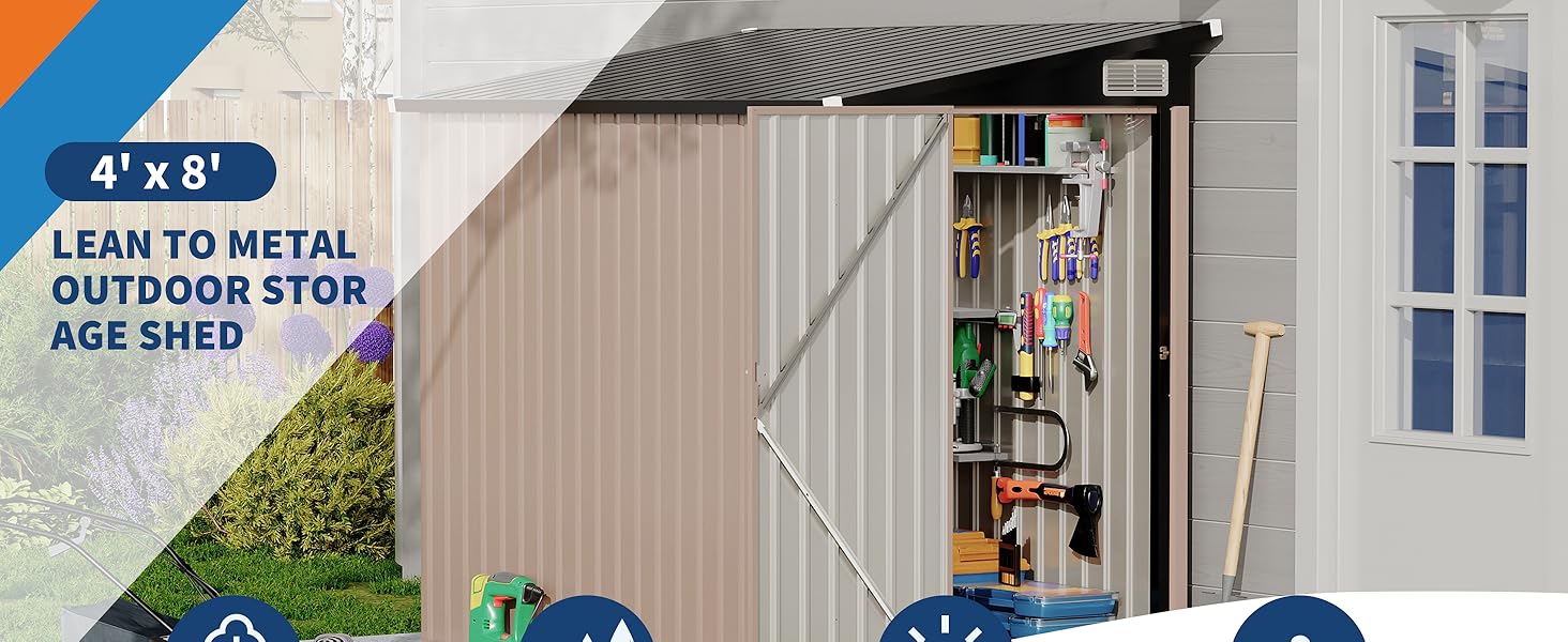 【GARVEE】4x8ft Metal Outdoor Lean-To Storage Shed featuring a heavy-duty garden utility design with metal wall side, built for durability and weather resistance, ideal for outdoor storage needs