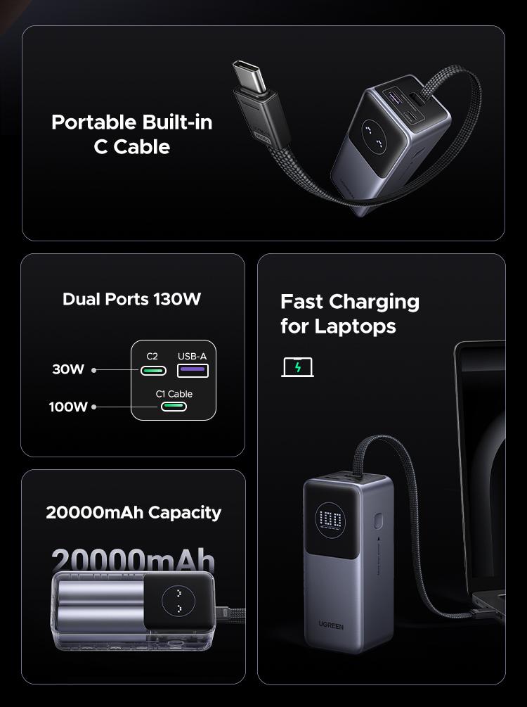 UGREEN Nexode Power Bank 20000mAh 130W Portable Charger Built-in USB C Cable, Pack with TFT Smart Display for MacBook/iPad/iPhone 17 16/Samsung S24 and More ,September Restock，TikTokShopBlackFriday ,TikTokShopJumpstartSale