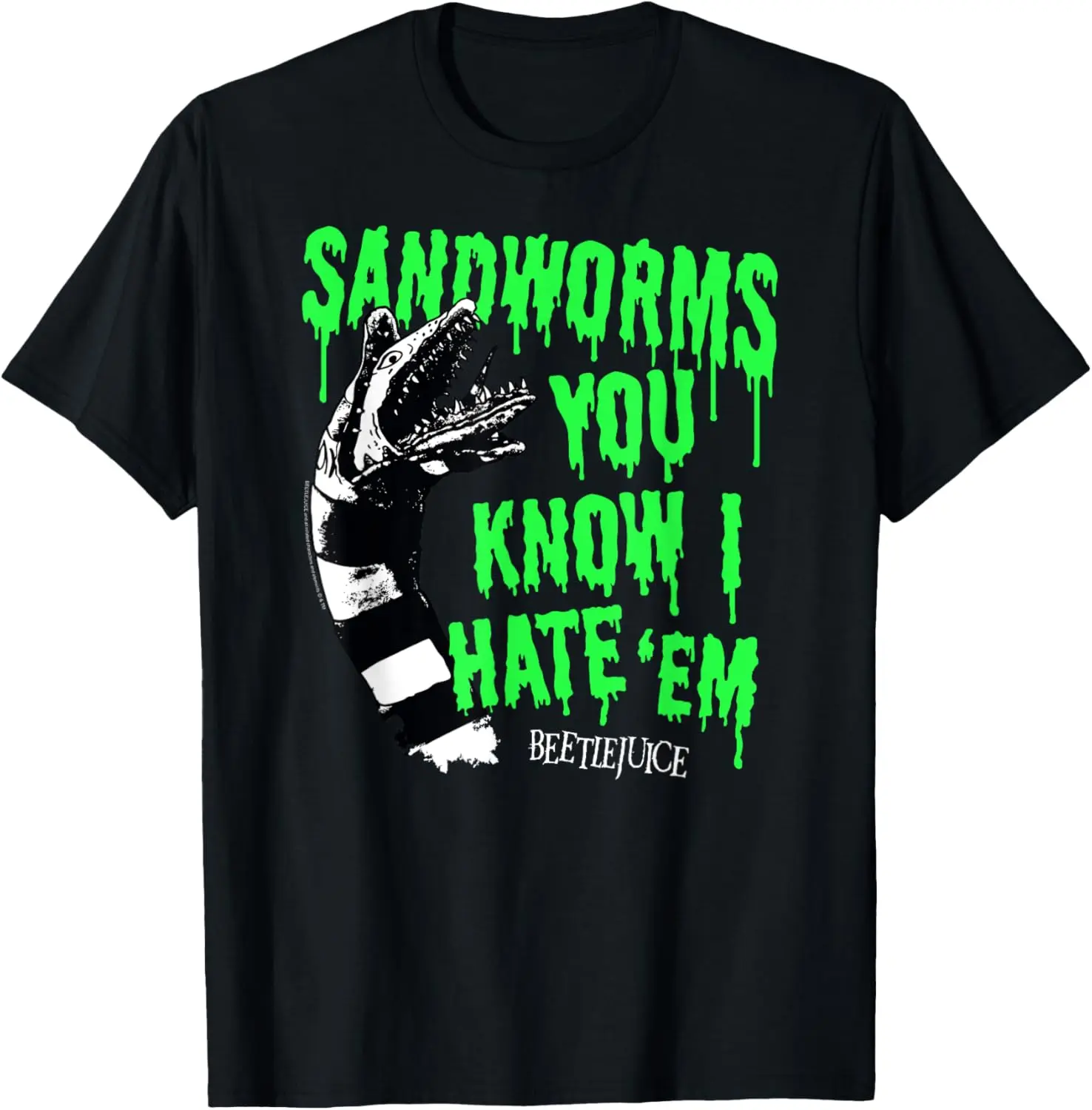 Women's 100% Cotton Short-Sleeve Crewneck Everyday T-Shirt - Unisex Beetlejuice Theme Sandworms "You Know I Hate 'Em" Funny Movie Tee, Vintage Graphic Print, Whimsical Vibe, Wide Range of Sizes