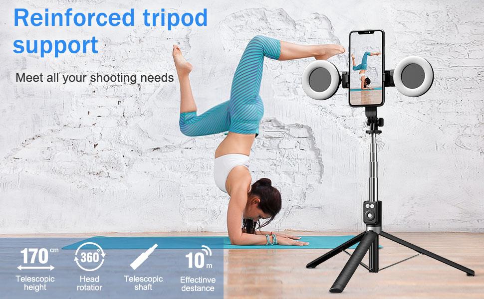 6-in-1 Selfie Tripod w/Dual Fill Lights & Wireless Remote | Portable Adjustable Phone Stand | Detachable 360° Compact Travel Tripod