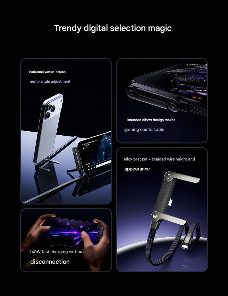 2-in-1 fast charging cable and phone stand Invisible charging cable and stand for the charger, 240-watt ultra-fast charging,suitable for gaming, office use, compatible with iPhone and Samsung  Double Type-C