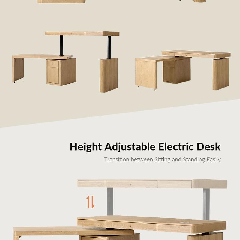 HULALA Veritas Home Office 360-Degree Rotating Desk with Flip-Top Lid Electric Height-Adjustable Design Side Cabinet Drawers Storage L Shaped Wood Finish Ergonomic