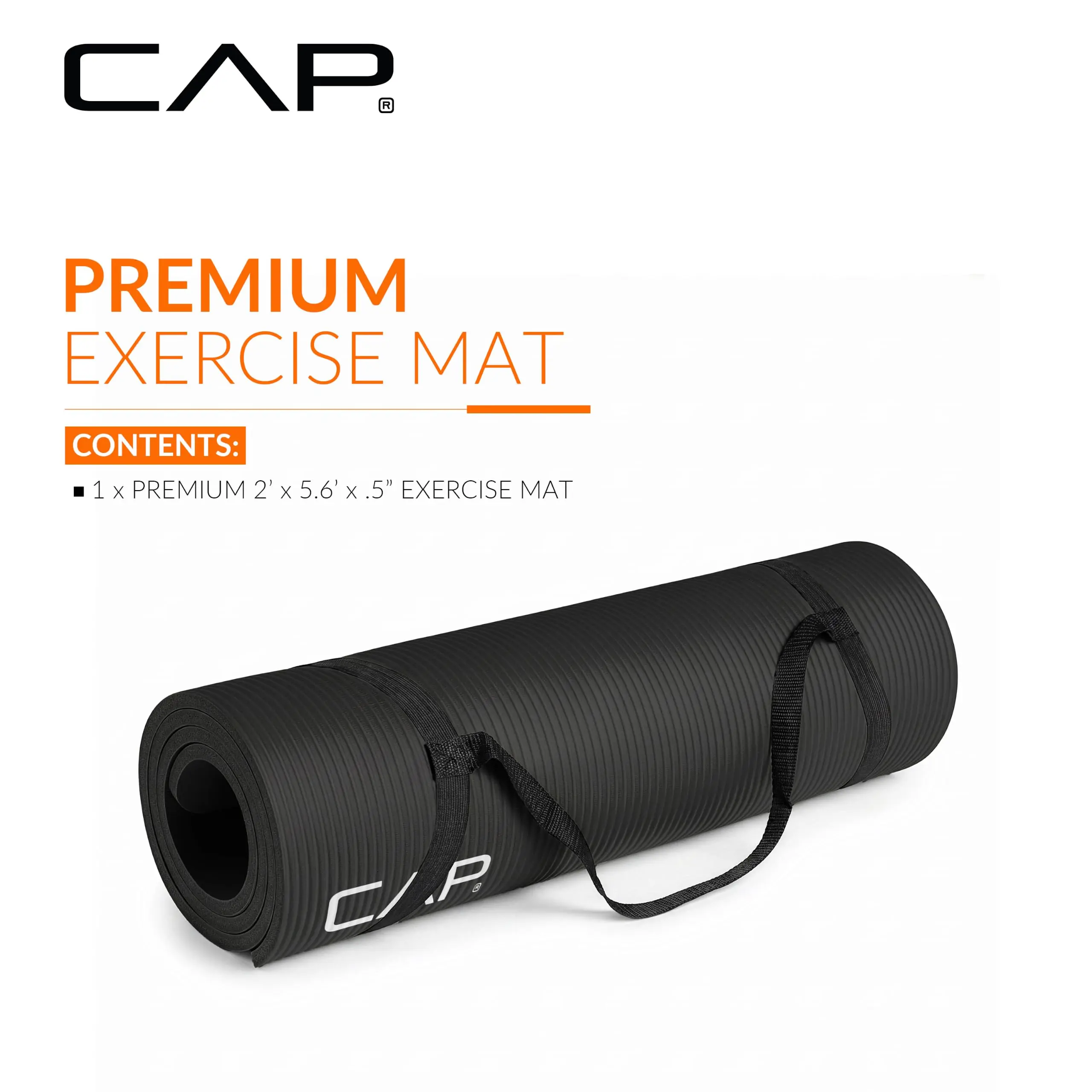CAP Barbell Half-Inch Thick High-Density Exercise Yoga Mat with Strap, Available in Multiple Options