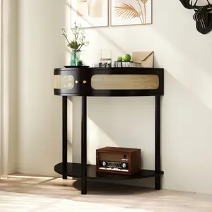 Unique Half Moon Design End Table with Sliding Rattan Door,Elegant Semi-circle Entryway Console Table with 2 Rattan Storage Cabinet and Bottom Shelf for Living room, Bedroom, Study, Hallway(Black)