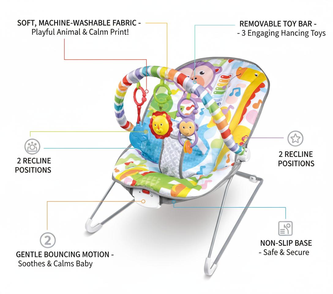 Baby Bouncer Soothing Vibrations Infant Seat - Removable Toy Bar, Nonslip Feet, 0-6 Months, Multi-Position Recline, Soft Padded Seat, Colorful Animal Patterns