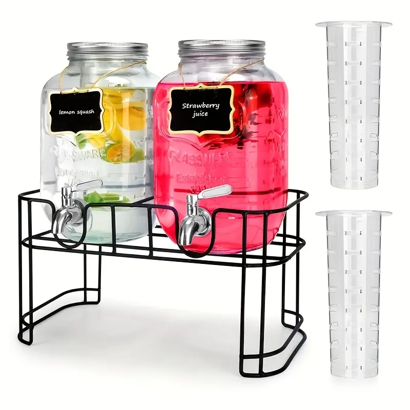 2pcs 1 Gal Food-Grade Glass Juice Dispenser with Spigot Tap & Airtight Double-Barrel System Suitable for Home, Commercial Beverage Jars for Juice, Tea, Infusions, Drink Storage, Spigot Tap for Cafes, Restaurants, Pantry