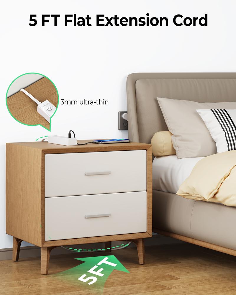 ORICO PW-3A1U2C 25FT Flat Extension Cord, 6-in-1 Power Strip with 3 AC Outlets, 1 USB-A & 2 USB-C Ports, Multiple Protection, Compact for Home & Office-PW