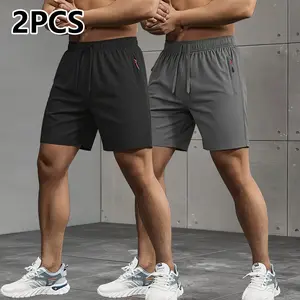 Men’s summer quick-dry athletic shorts with an elastic waistband and drawstring; lightweight men’s running shorts with zippered pockets—breathable, comfortable polyester fabric, stylish design, multifunctional sportswear.