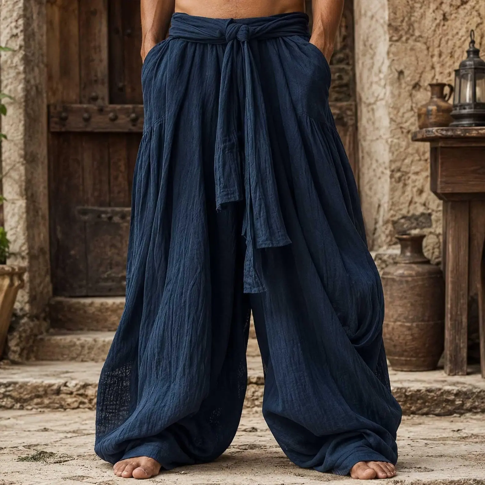 Mens Medieval Harem Pants Baggy Wide Leg Harem Pants Loose Fit Streetwear Trousers Pleated Trouser Elastic Waist Festival Trousers