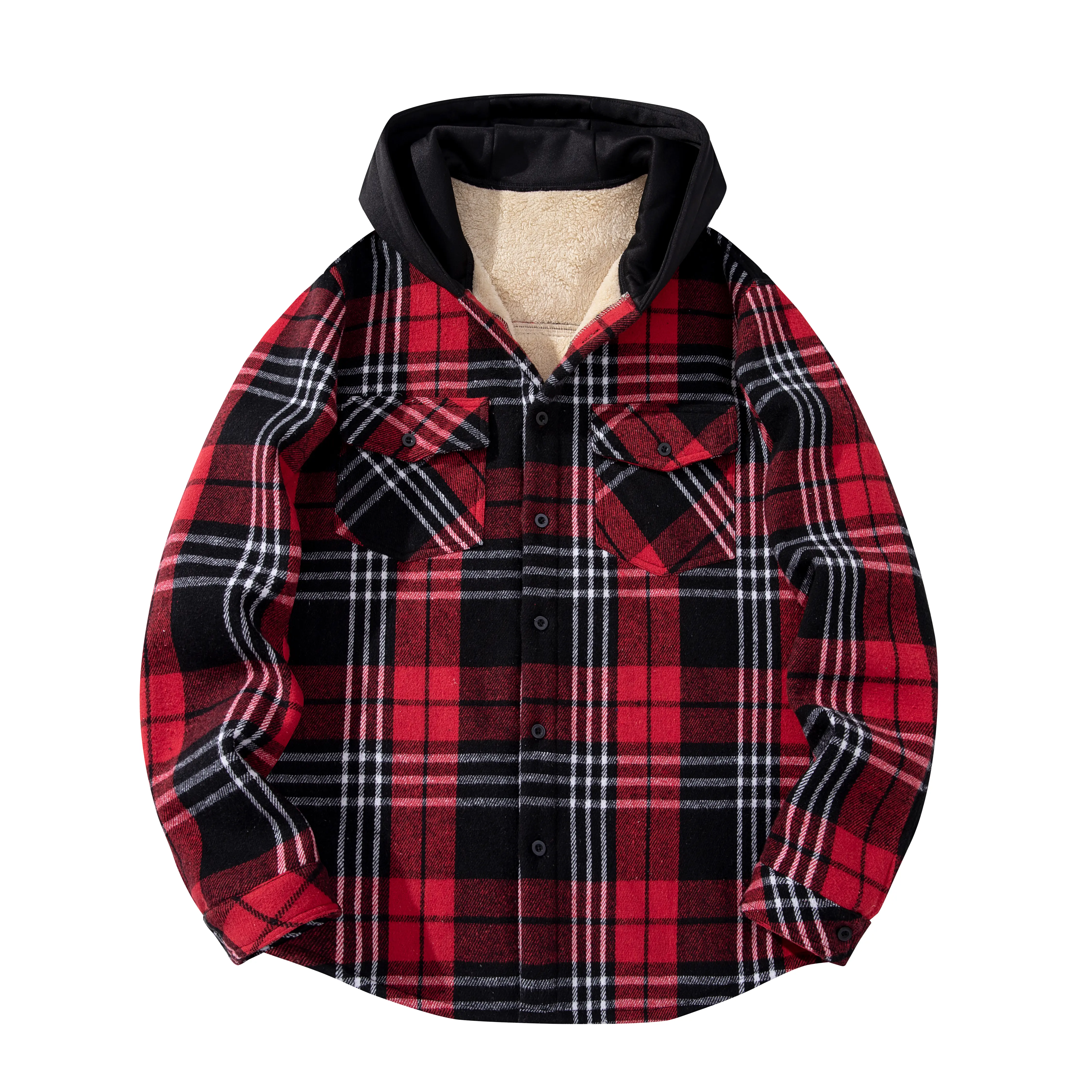 Men’s plaid hooded flannel shirt jacket with fleece lining for added warmth and thickness; button-front shirt outerwear, loose casual winter jacket, available in three colors.