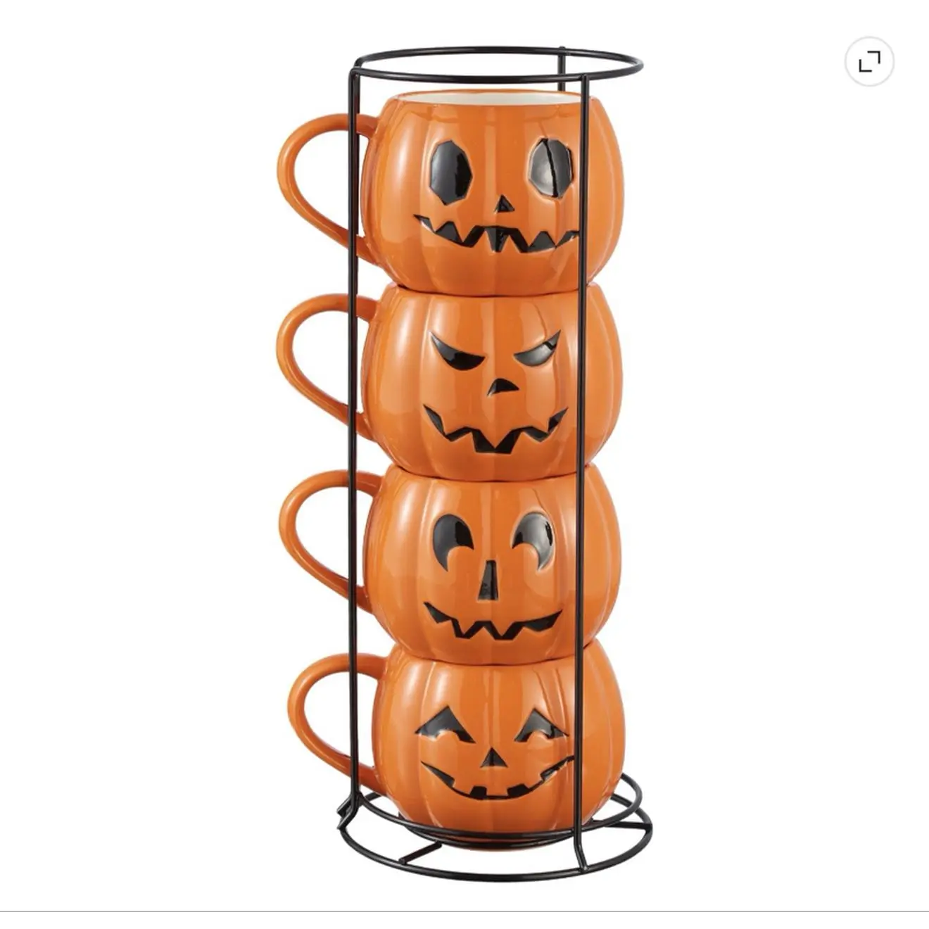 13oz Halloween Orange Pumpkin Stoneware Stackable Mug Set - 4-Piece with Iron Rack, Cup for Coffee, Tea, Festive Season Glowing Kitchenware Drinkware, Set Of 4