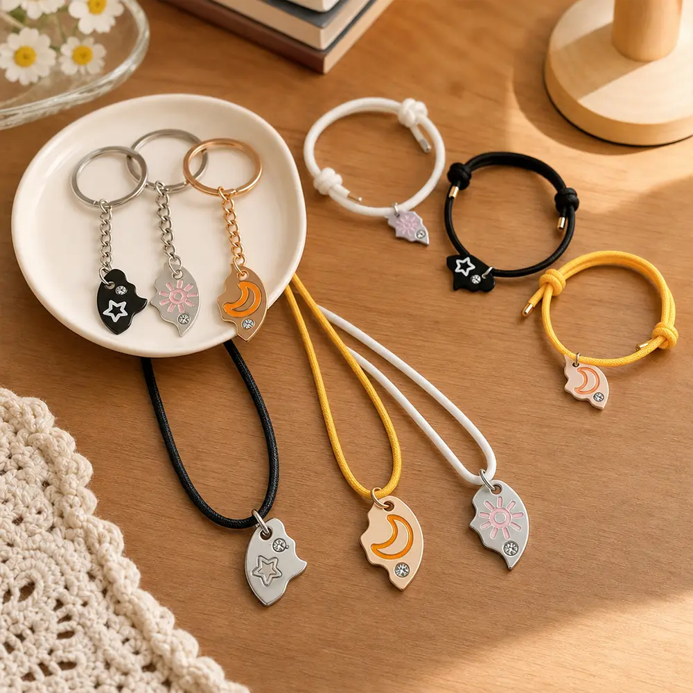 3-Person Matching Friendship Accessory Kit - Braided Cord Bracelets, Long Necklaces, Broken Heart Sun Moon Star Charm Keyrings, Women's Matching Sets Necklaces for Girls Besties Friendship Keepsake Gift