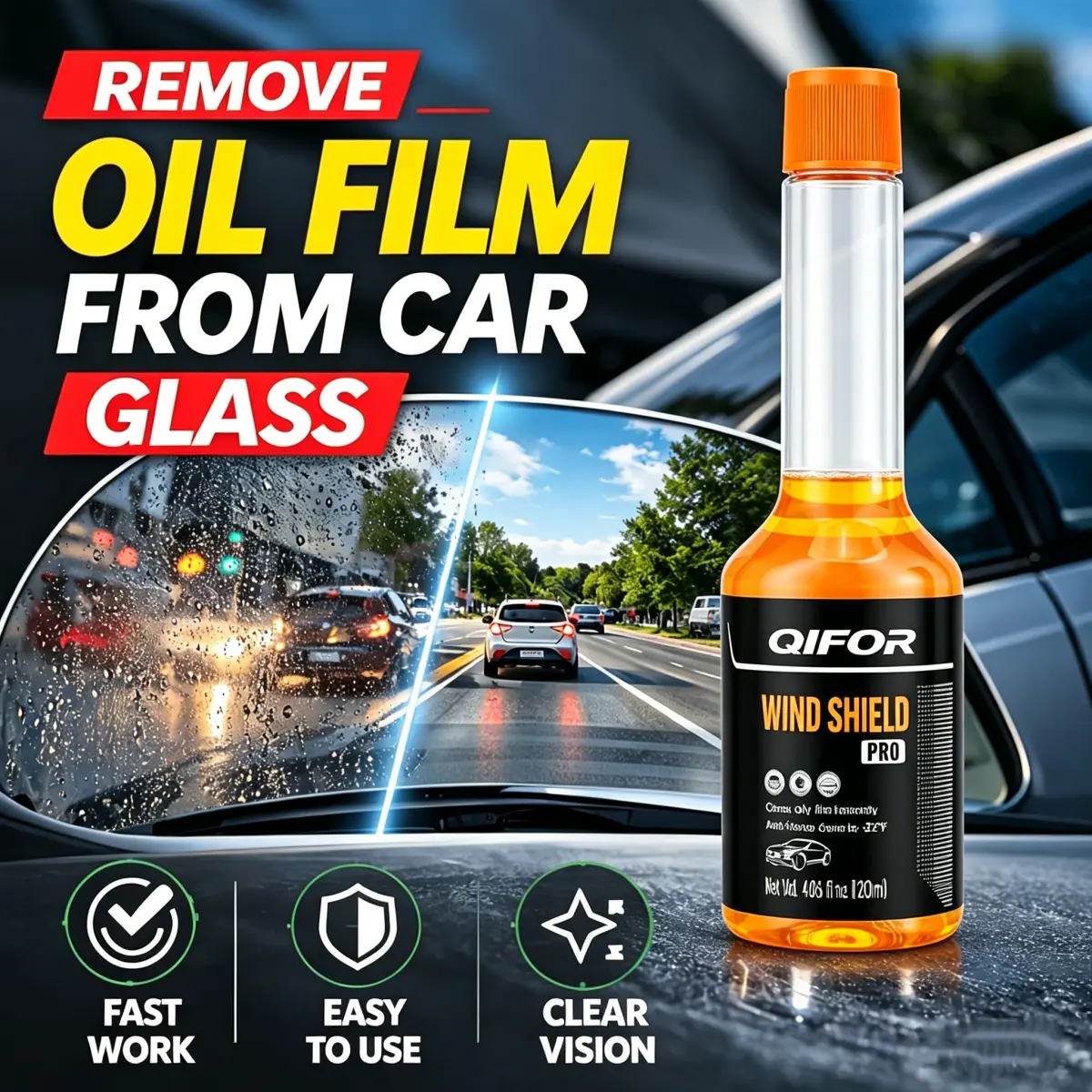 QIFOR Glass Cleaner Powerful Stain Remover, Oil Film Remover, Insect Glue Remover, Anti-Freeze, Hydrophobic Glass Cleaner for Cars