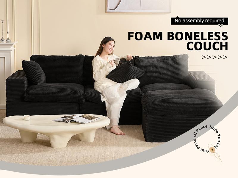 【3 Packages Shipping】106.3” Sectional Couches for Living Room, Cloud Couch, Modular Sectional Sofa, Convertible Sofas Bed, Deep Seat Sofa, L Shaped Cozy Sofa Furniture Set, Corduroy, Black