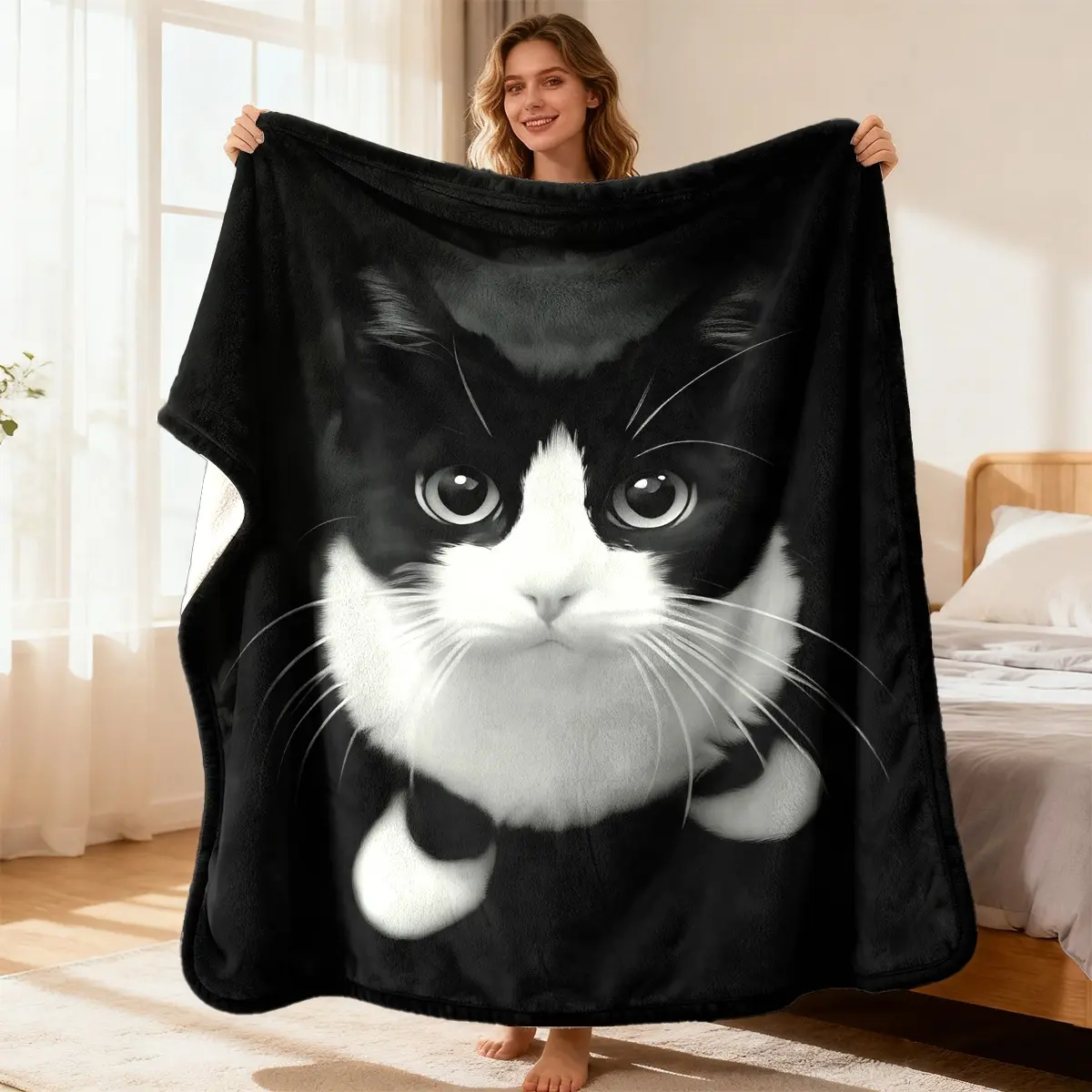 3D Realistic Black White Tuxedo Cat Face Printed Flannel Blanket - Gentle Soft, Durable, Warm Animal Theme Throw with Flannel Fabric, Multi-Size Option for Cat Lovers, Ideal for Bedroom Sofa, Christmas Gift