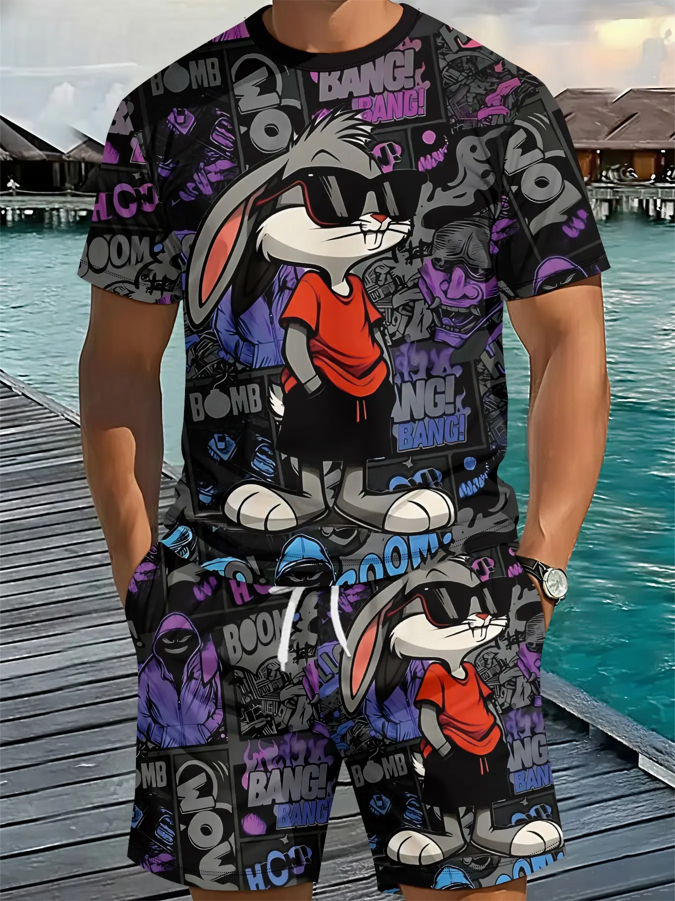 Purple and Black Tide Rabbit Graffiti Men's 3D Digital Printing Two-Piece Set, 2Pcs, Tropical, Trendy Set, Vacation-style Trendy Outfit, Breathable Sports and Casual Style, a Perfect Holiday Gift for Men, Menswear