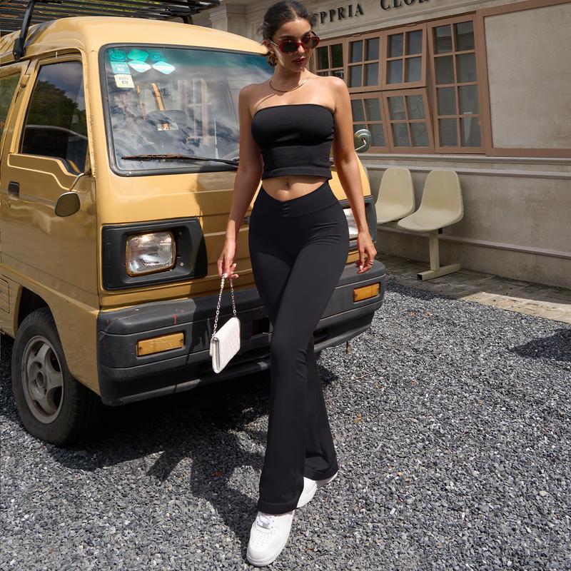 OQQ Women's 2 Piece Flare Leggings High Waist V Shirring Seamless Butt Lifting Tummy Control Wide Leg Gym Casual Workout Yoga Pants