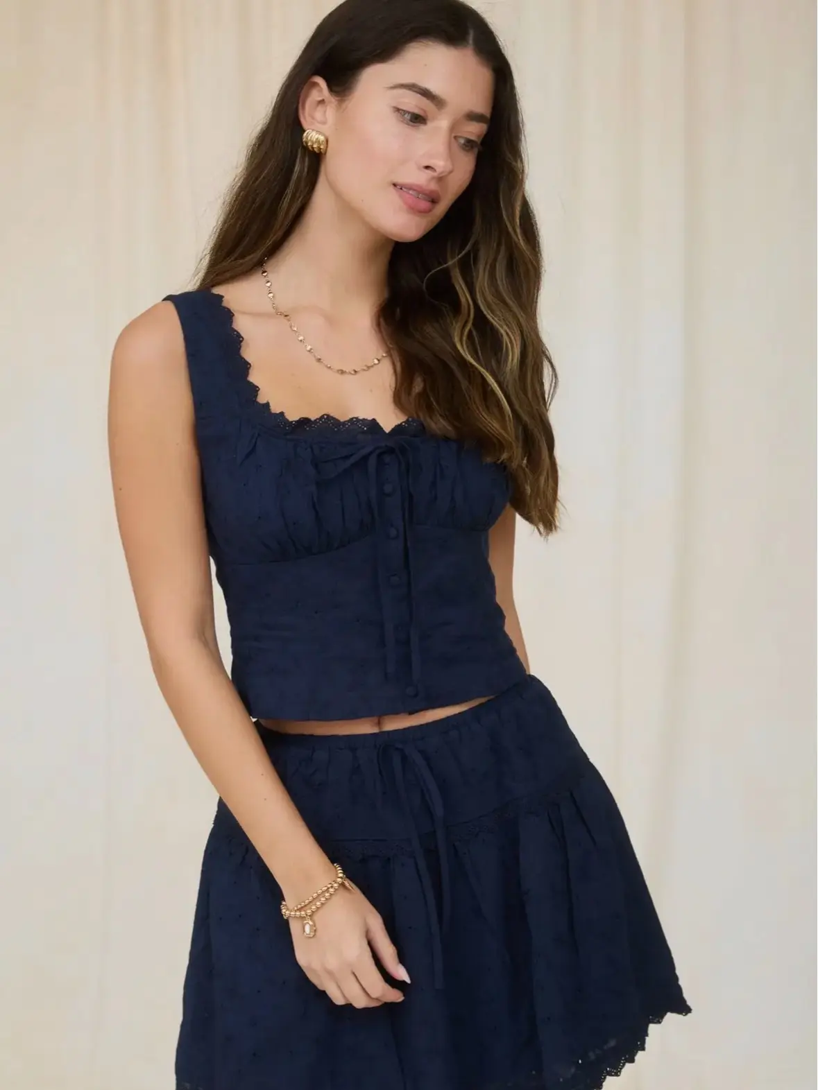 Lace Trim Sleeveless Eyelet set || Navy