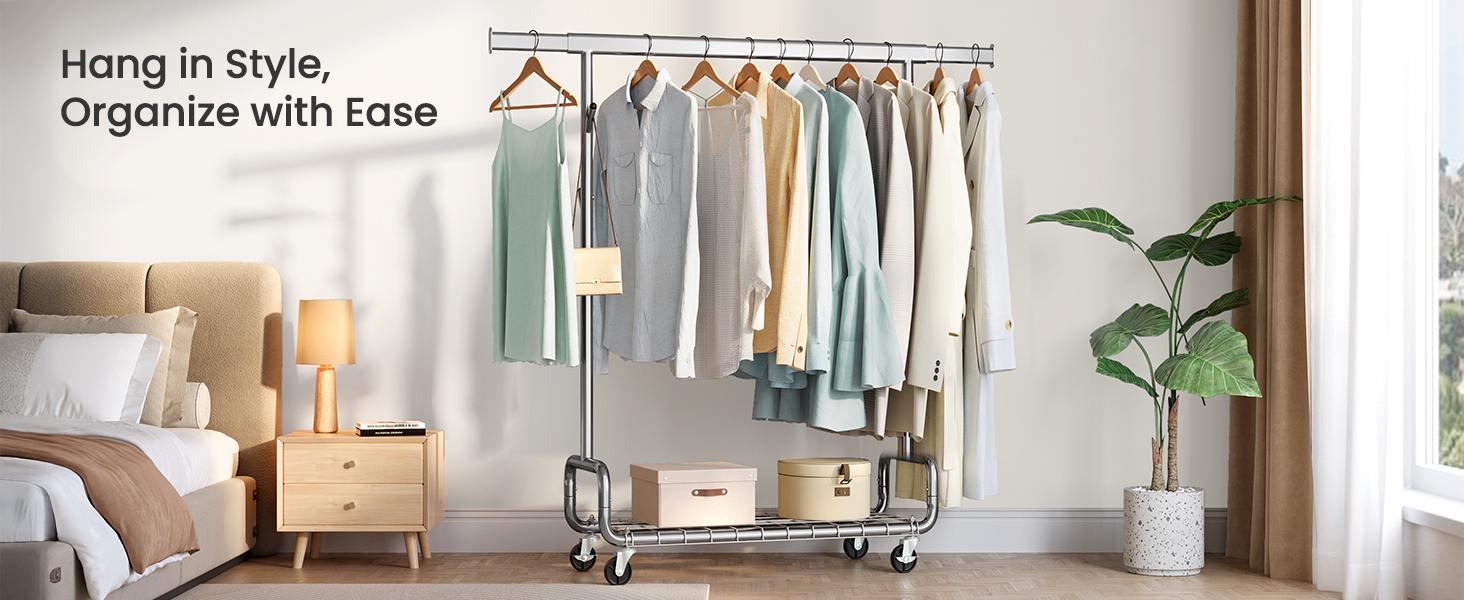 SONGMICS Clothes Rack, Heavy-Duty Rolling Clothing Garment Rack with Wheels, Extendable Hanging Rod and Adjustable Height, Portable, with Shelf and Hooks