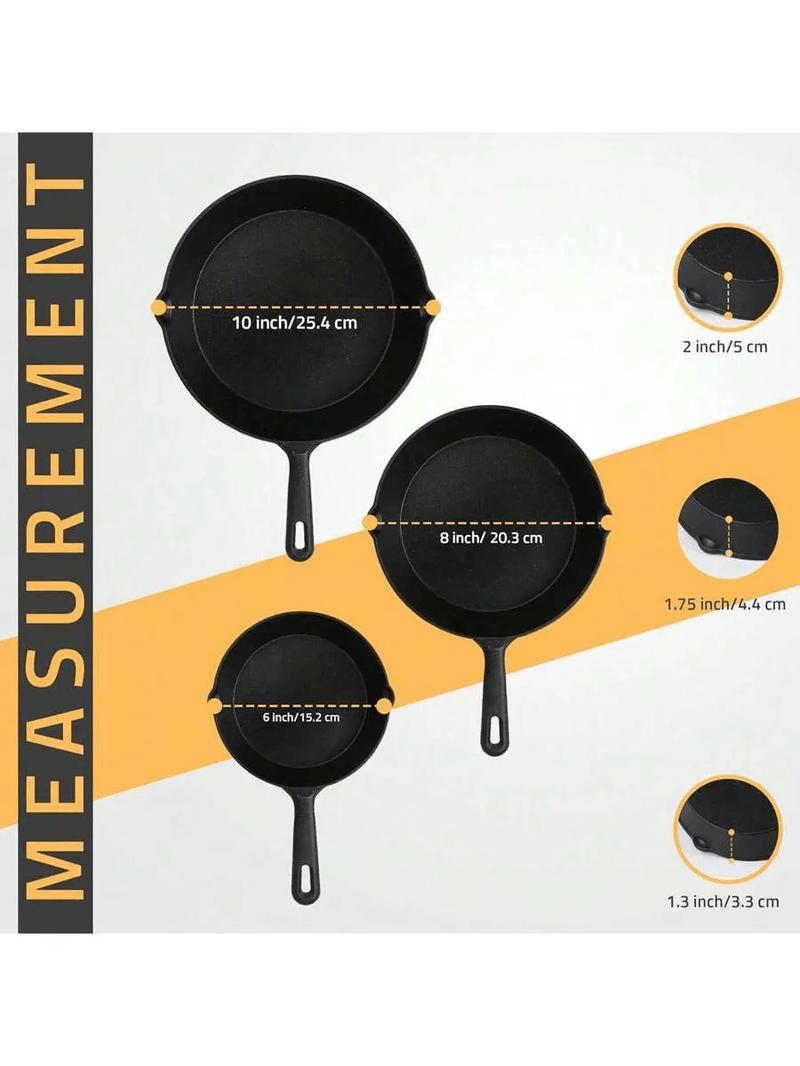 3Pcs Cast Iron Pan Pre-Seasoned Iron Skillet Set Heavy Duty Skillet Set With Pouring Lip For Grilling Searing Frying Baking(6 Inch, 8 Inch And 10 Inch) - Black