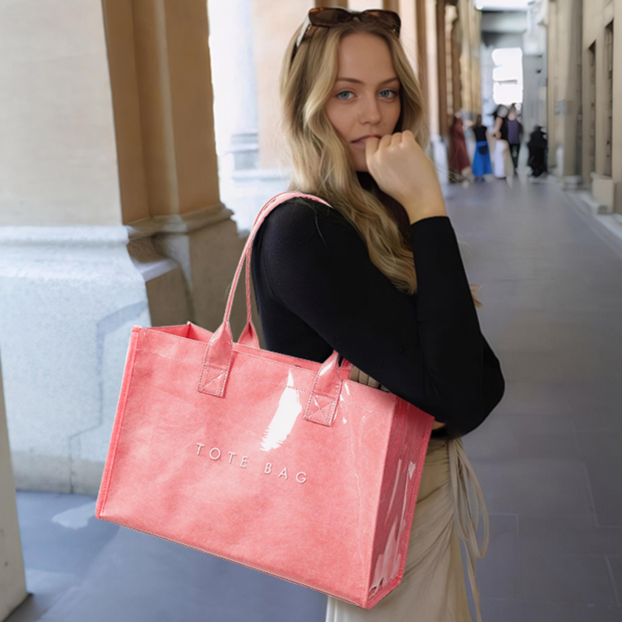 KALIDI PVC Tote Bag for Women, Waterproof Large Capacity Work & Beach Tote, Kraft Paper Shoulder Handbag with Top Handle for Travel & Everyday Use