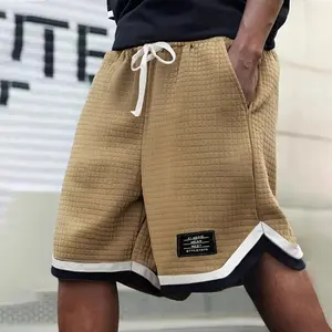 Plus Size Men's Waffle Textured Casual Shorts, Striped Webbing Fashion Plaid Sports Shorts Breathable