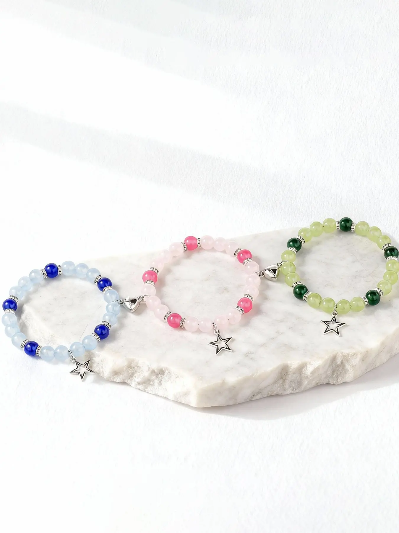 Three-Piece Heart Star Crystal Bracelet Set, Beaded Bracelet Sets, Sweet Personalized Friendship Beads, Perfect for Bff Gatherings, Memorial Jewelry, Stacking Bracelet, Stack Bracelets